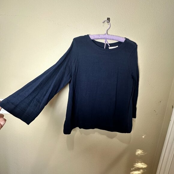 LOFT Navy Wide Arm Back Button Mixed Media Sweater Top Size Large - Picture 2 of 7